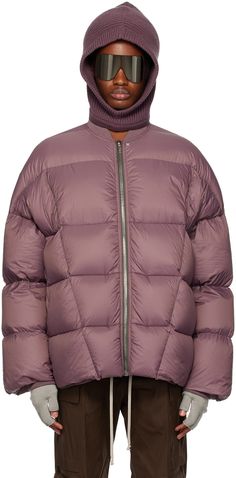 Down-filled quilted lightweight GRS-certified recycled nylon taffeta jacket. · Rib knit stand collar and inset cuffs · Zip closure · Seam pockets · Webbing strap at back yoke · Fully lined Supplier color: Amethyst Fill: 90% goose down, 10% mallard feathers. Taffeta Jacket, Webbing Strap, Mallard, Rick Owens, Luxury Streetwear, Stand Collar, Down Jacket, Rib Knit, Feathers