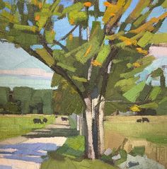 an oil painting of a tree with cows in the background