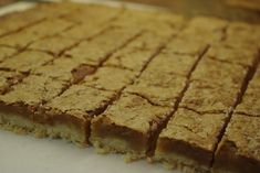 some kind of cracker that is on a white plate and has been cut into squares