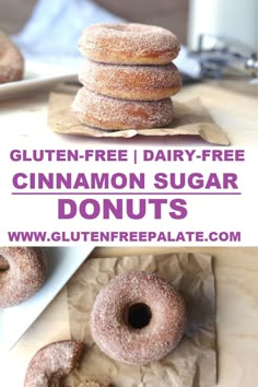 there are three donuts stacked on top of each other with the words gluten free i dairy - free cinnamon sugar doughnuts