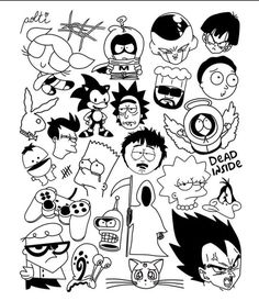 cartoon characters drawn in black and white with the words dead dude on it's face