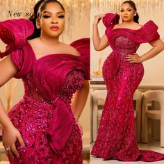 Aso Ebi Plus Size Fuchsia Long Mermaid Evening Dresses Pearls Beaded Women Formal Party Gowns For A Burgundy Mermaid Prom Dress, Arabic Evening Dress, Pink Prom Dresses Mermaid, Lace Styles For Wedding, Engagement Gowns, Reception Gown, Plus Size Gowns, Pink Mermaid, Lace Styles