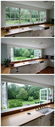 three pictures of the same kitchen with windows