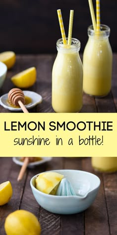 lemon smoothie in a bottle with two straws on the side and some sliced lemons next to it