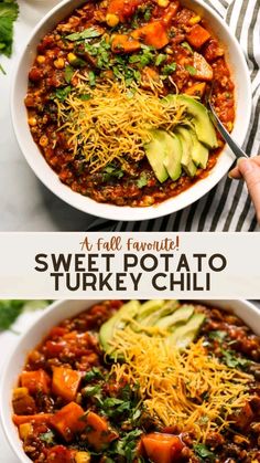 two bowls filled with sweet potato and turkey chili