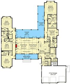 the first floor plan for this house is very large and has two master suites on each side