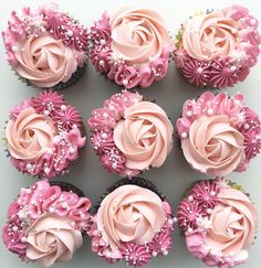 cupcakes with pink frosting and sprinkles arranged in a square pattern