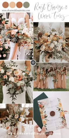 a collage of photos with flowers and greenery in the center, including an orange bouquet