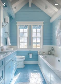 Nautical Bathroom Colors, Statement Bathroom Ideas, Coastal Powder Bathroom, Light Blue Bathrooms, Pastel Blue Bathroom, Powder Bathroom Design, Coastal Guest Bathroom, Coastal Bathroom Vanity