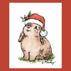 a drawing of a brown bunny wearing a santa hat