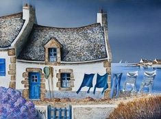 a painting of a house with blue doors and windows next to the ocean on a cloudy day