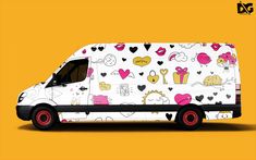 a white van with hearts and cupcakes all over it's side on an orange background