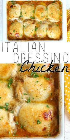 italian dressing chicken in a white casserole dish