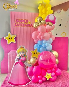 a room with balloons, mario and princess peaches