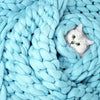 a white cat peeking out from the center of a blue chunky blanket that is rolled up