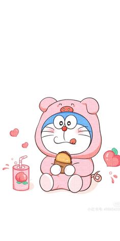 an image of a cartoon character eating something in front of a strawberry juice can and strawberries