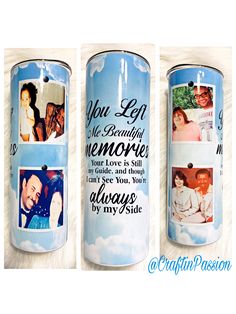 two personalized canisters with pictures on them, one is blue and the other is white