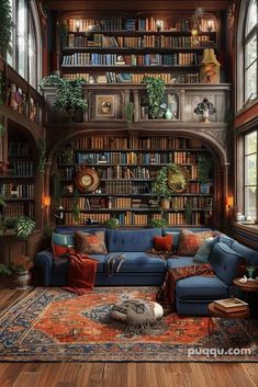 a living room filled with lots of furniture and bookshelves full of books on shelves