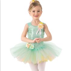 This Dress Features A Sequin Plush Velvet Bodice And Wide Mesh Shoulder Straps.Flowers At Shoulder And Waist. Multicolor Tutu Features A Top Layer Of Glitter Tulle Over Layers Of Tulle And Tricot. Attached Matte Nylon/Spandex Briefs Brand: Weissman Size: Small Child & Extra Small Child Color: Mint Includes: Flower Hairpiece With Ribbons Condition: New Dance Costumes Tap, Dance Costumes Ballet, Flower Hairpiece, Weissman Dance Costumes, Lyrical Dance Dresses, Recital Dress, Weissman Costumes, Dance Recital Costumes, Pretty Dance Costumes