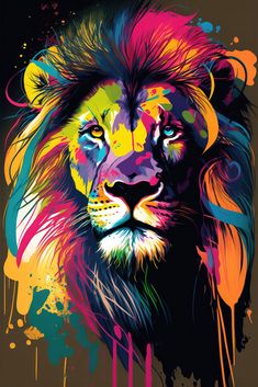 a colorful lion is shown on a black background with paint splatters and colors