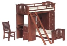 a wooden bunk bed with stairs and desk