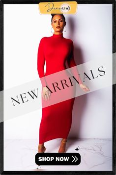 Solid Color High Neck Long Sleeve Skinny Maxi Dress Fitted Red Maxi Dress, Winter Bodycon Maxi Dress For Date Night, Trendy Fitted Maxi Dress For Fall, Chic Red Maxi Dress, Spring Long Solid Bodycon Dress, High Neck Solid Color Dresses For Spring, High Neck Solid Color Spring Dresses, Spring High Neck Solid Color Dresses, Winter Maxi Length Bodycon Dress