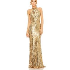 Mac Duggal Gold Sequin Open Back High Neck Gown New With Tags, Retails For $798 Size 2 New Style, Part Of The Spring Preview Style: 93976 Color: Gold Nude Measurements Laying Flat Unstretched (Fabric Has Some Stretch To It): Chest: 15.5" Waist: 12.5" Hips: 18" Length: 60" From Back Of Halter Neck To Bottom Has One Small Area Of Missing Sequins, Not Noticable When Worn But It Does Come With Extra Sequins If You Want To Have It Fixed. See Second To Last Photo For Close Up. Fully Lined Halter Neckl Golden Sequin Gown, Sequin Gold Dress, Gold Halter Dress, Gold Gowns, Halter Bridesmaid Dresses, Gold Evening Gown, Prom Dress Gold, Halter Prom Dress, Gold Sequin Gown