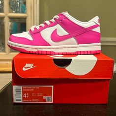 Brand New Nike Dunk Low (Gs) Laser Pink Size 4.5y/6 Women Hot Pink Dunks, Pink And White Dunks, Pink Dunks, Goals 2024, 15 Birthday, Birthday Inspo