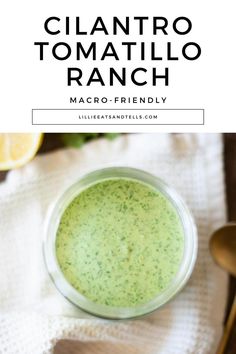 a glass bowl filled with cilantro tomato ranch