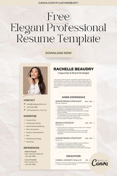 FREE Elegant Professional Resume | Copywriter & Brand Strategist | Canva Templates