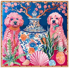 two poodles are standing next to a vase with flowers and seashells