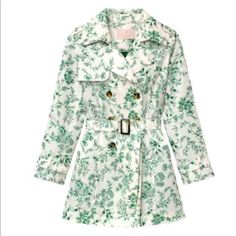 Nwot Gal Meets Glam Collection Sage Floral Print Twill Double-Breasted Trench Coat “Mint” Green Color Green Floral Print Fall Outerwear, Green Floral Print Outerwear For Fall, Spring Green Outerwear With Lapel Collar, White Floral Print Outerwear For Fall, Green Lapel Collar Outerwear For Spring, Fitted Green Floral Print Outerwear, Green Fitted Outerwear For Daywear, Double-breasted Spring Outerwear For Daywear, Elegant Green Spring Outerwear