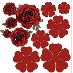 red paper flowers and leaves on a white background