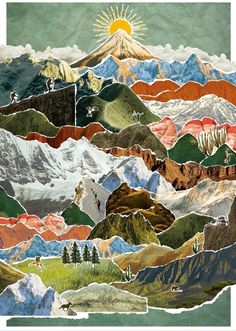 a collage of mountains with trees and animals