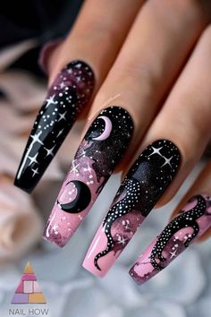 Black Witchy Nail Designs, Black Dress Nails Ideas, Glam Goth Nails, Pastel Goth Nails, Alt Nails, Rock Star Nails, Black Marble Nails, Black Acrylic Nail Designs, Pink Stiletto Nails