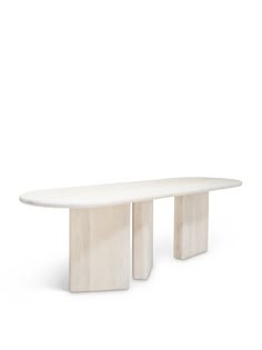 a white table with two wooden legs and a long oval shaped top, on a white background