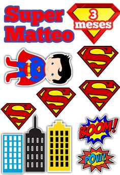 some stickers that are on the side of a white board with supermans and buildings