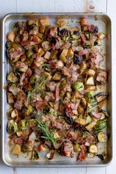 a pan filled with different types of food