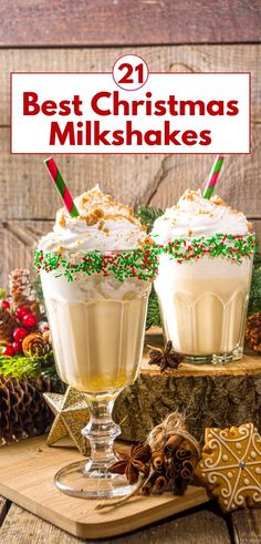 Tall glasses adorned with red and green sprinkles on the rims. Topped with whipped cream and cookie crumbs, the milkshakes are placed among holiday decor, including pinecones, cinnamon sticks, and gingerbread cookies. These creamy Christmas treats are perfect for adding holiday cheer to your dessert table. Christmas Milkshakes, Peppermint Milkshake Recipe, Milkshake Ideas, Peppermint Milkshake, Holiday Sprinkles, Festive Drinks, Milkshake Recipes, Sweet Drinks, Milkshakes