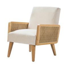 a white chair with wicker back and arm rests on a wooden frame, isolated against a white background