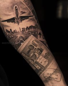 a man's arm with an airplane and money tattoo on the left inner arm