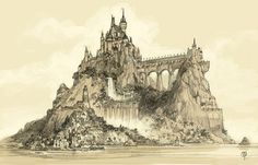 a drawing of a castle sitting on top of a mountain