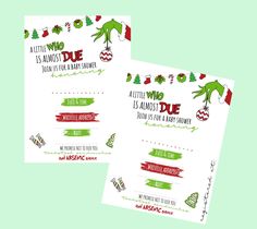 two christmas party flyers with green and red designs on the front, one is for an elf