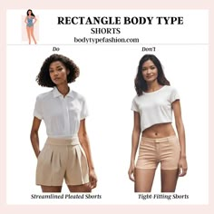 Streamlined Pleated Shorts Rectangle Body Outfits, Rectangle Body Type, Rectangle Body Shape Fashion, Types Of Pleats, Toned Muscles, Body Shape Guide, Rectangle Body Shape, Best Shorts