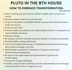 a poster with the words, pluto in the 8th house how to embrace transformation