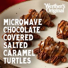 chocolate covered salted caramel turtles on a white plate with the words microwave chocolate covered salted caramel turtles