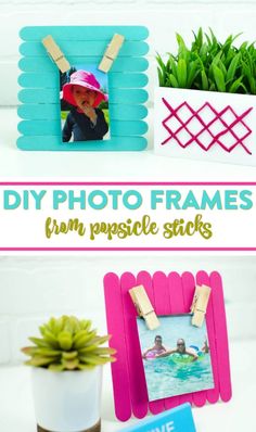 diy photo frames made from popsicle sticks with text overlay that says diy photo frames from popsicle sticks