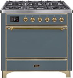 an oven with two burners and gold trimmings on the front, in grey