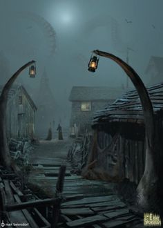 an image of a creepy town in the dark with two lanterns on it's head