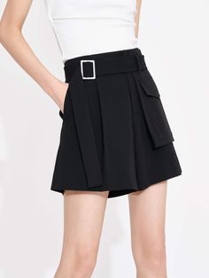 MO&Co. Women's Tailored Pleated Shorts with Belt in Black High Waist Shorts With Side Pockets, Summer High Waist Belted Skort, Summer High-waist Belted Skort, Workwear Short Skort With Pockets, Fitted Short Skort With Belt Loops, Chic Workwear Skort With Belt Loops, Chic Skort With Belt Loops For Workwear, High Waist Skort With Cargo Pockets, High Waist Cargo Skort For Summer